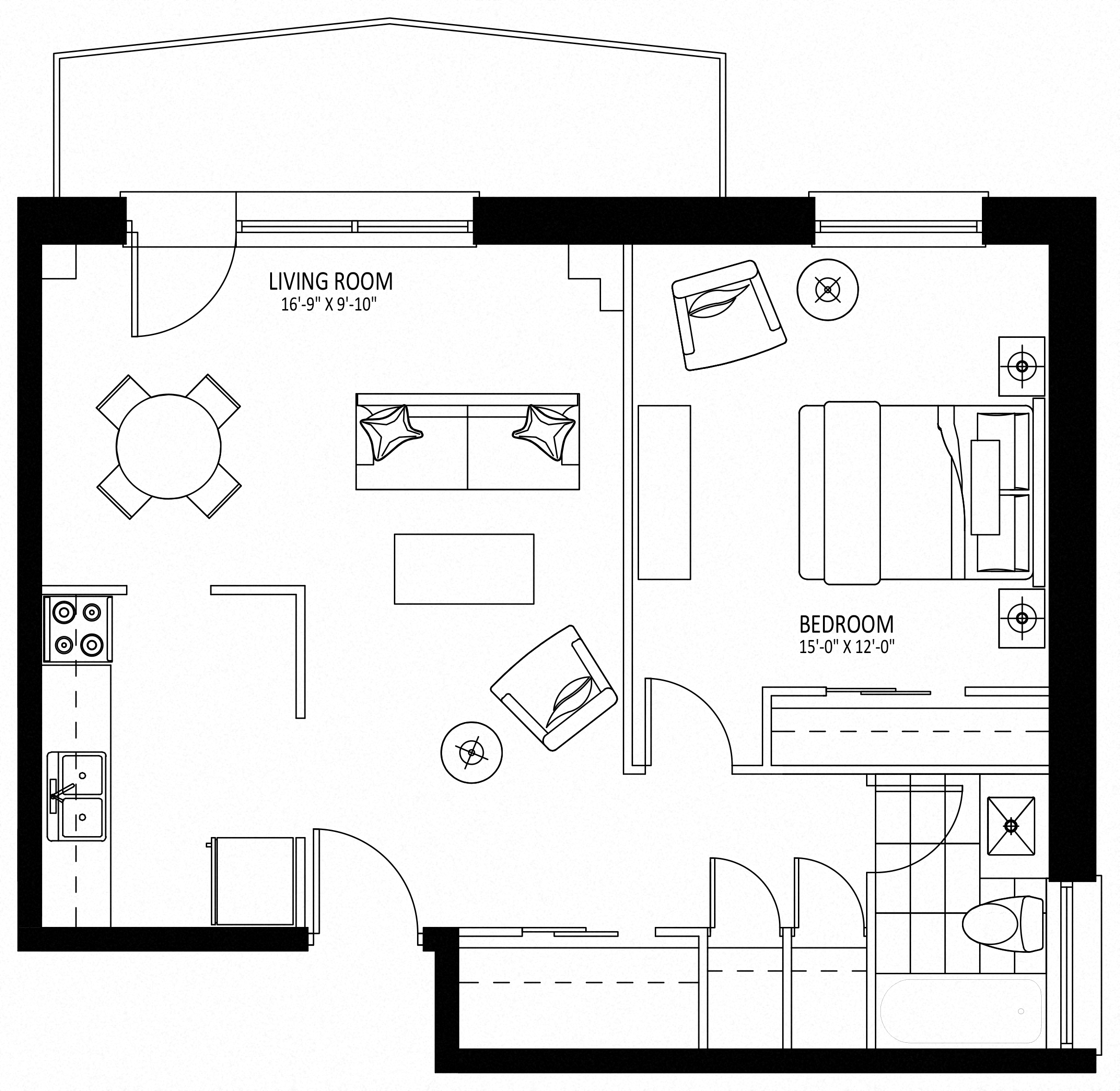 Floor plan for 1 bed, 1 bath, 717 sqft
